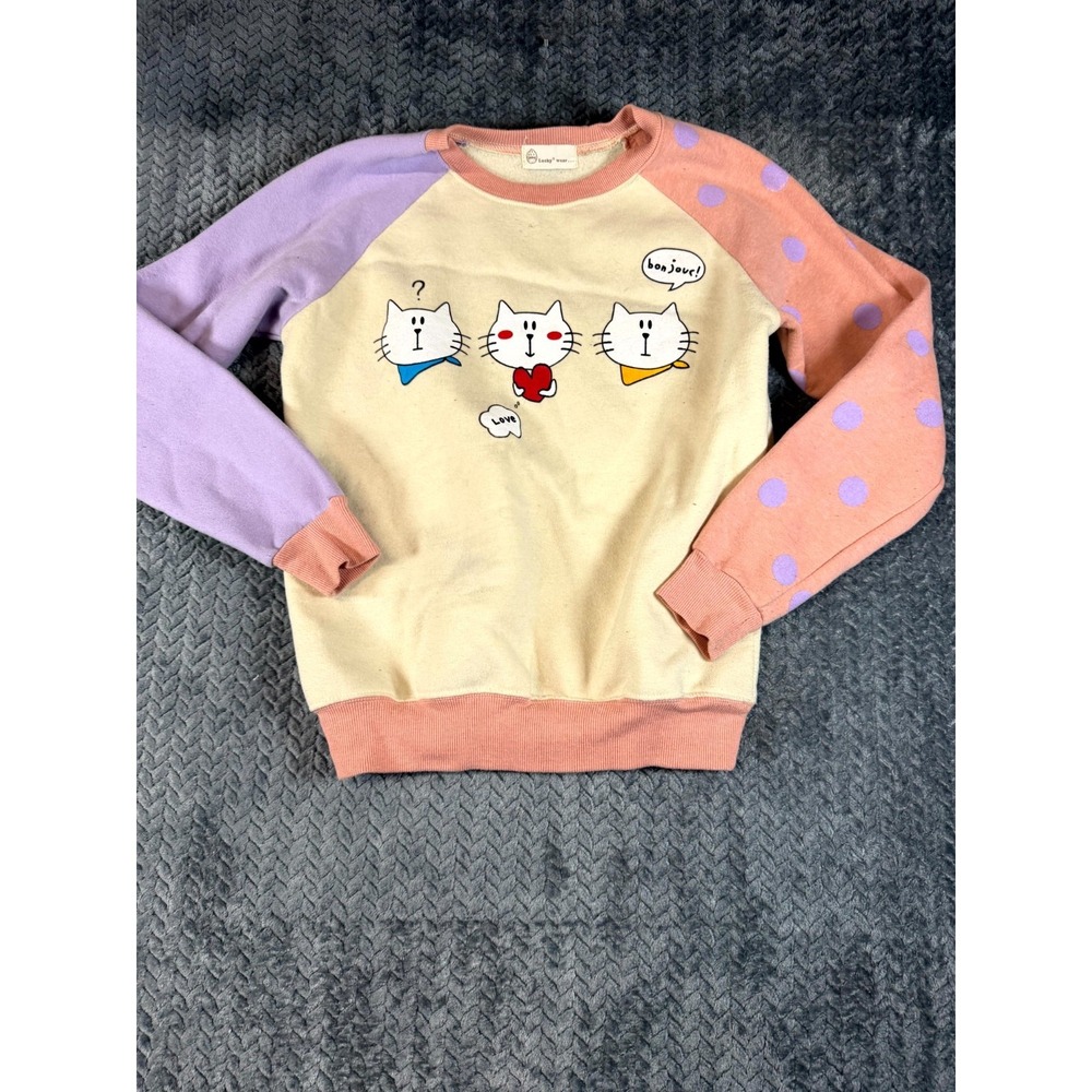 Lucky Wear Sweatshirt‎ Womens Beige Cotton Cat Bonjour Love Graphic Colorblock